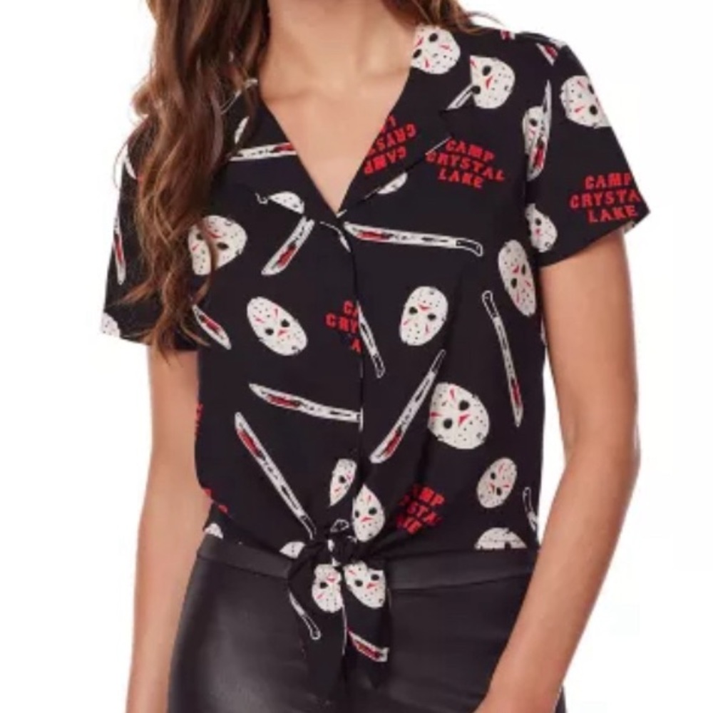 Friday the 13th Camp Crystal Lake Halloween Button Tie Shirt Womens Size Small